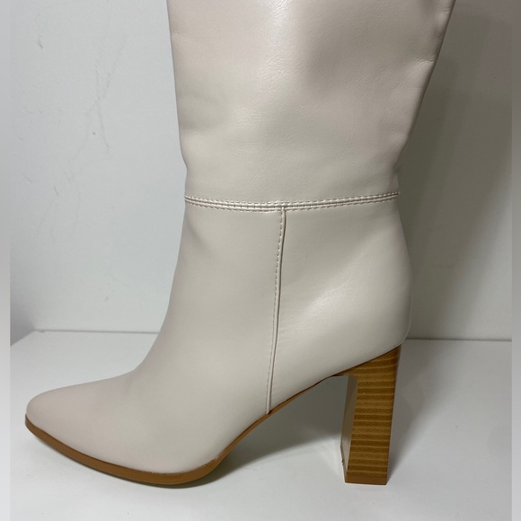 New Cream Block High Heel Women Knee Fall White Boots - Picture 5 of 7